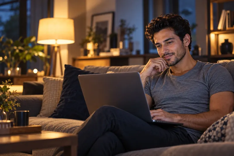 Generated photo of a fictional man looking himself up on a laptop at home