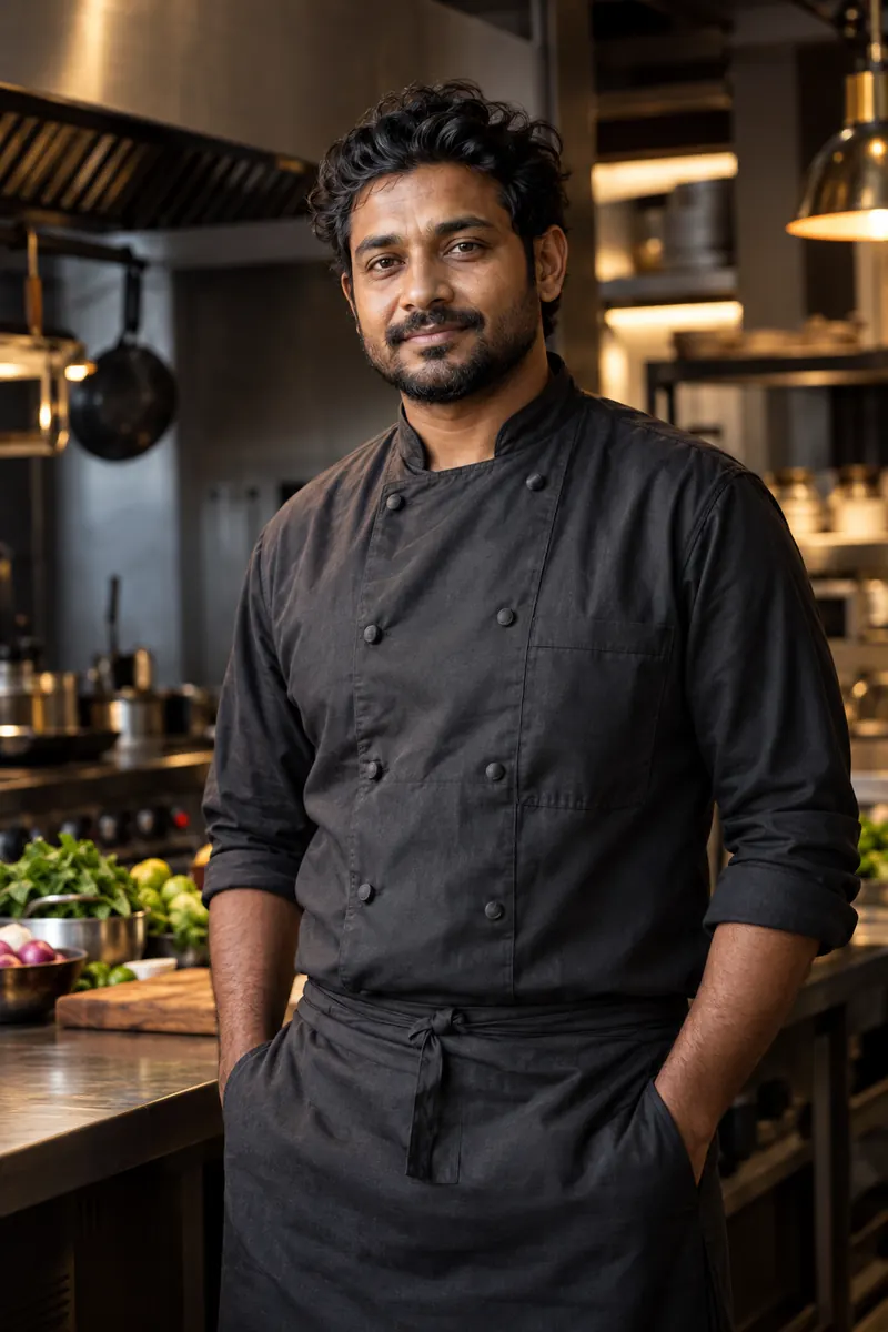 Fictional chef in his kitchen