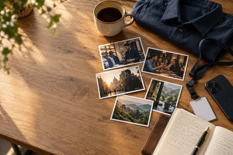 Generated still life of a person’s work items and photos scattered across a table