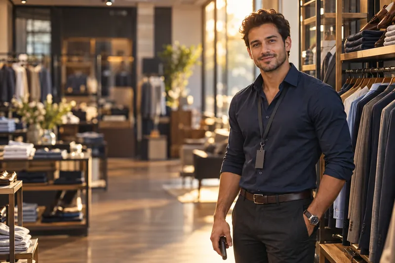 Generated photo of a fictional sales assistant in a menswear shop, holding his phone